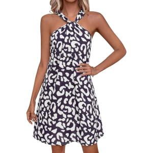 image:imagePRETTYGARDEN Womens 2026 Summer Halter Mini Dress Sleeveless Boho Floral Short Sundress Casual Flowy Beach DressesLeopard Black