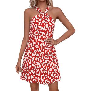 image:imagePRETTYGARDEN Womens 2026 Summer Halter Mini Dress Sleeveless Boho Floral Short Sundress Casual Flowy Beach DressesRed Leopard