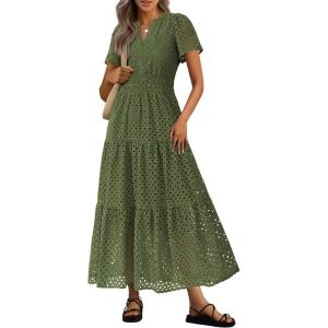 image:imagePRETTYGARDEN Womens 2026 Summer Maxi Dress Short Sleeve V Neck Hollow Out Eyelet A Line Long Flowy Beach Vacation DressesArmy Green