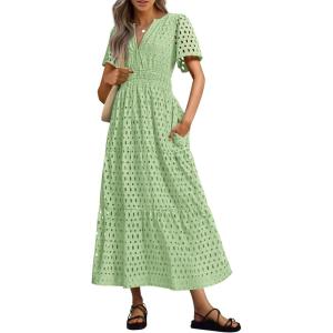 image:imagePRETTYGARDEN Womens 2026 Summer Maxi Dress Short Sleeve V Neck Hollow Out Eyelet A Line Long Flowy Beach Vacation DressesBean Green
