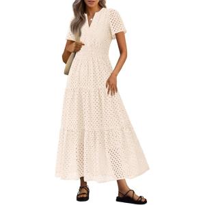 image:imagePRETTYGARDEN Womens 2026 Summer Maxi Dress Short Sleeve V Neck Hollow Out Eyelet A Line Long Flowy Beach Vacation DressesBeige