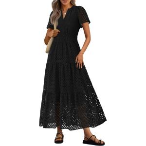 image:imagePRETTYGARDEN Womens 2026 Summer Maxi Dress Short Sleeve V Neck Hollow Out Eyelet A Line Long Flowy Beach Vacation DressesBlack