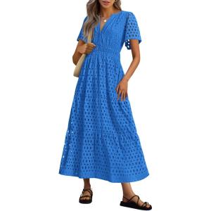 image:imagePRETTYGARDEN Womens 2026 Summer Maxi Dress Short Sleeve V Neck Hollow Out Eyelet A Line Long Flowy Beach Vacation DressesBlue