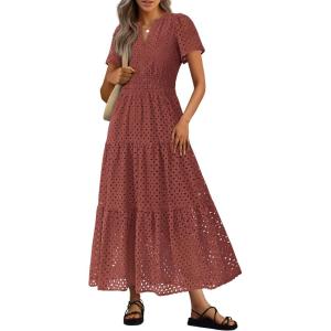 image:imagePRETTYGARDEN Womens 2026 Summer Maxi Dress Short Sleeve V Neck Hollow Out Eyelet A Line Long Flowy Beach Vacation DressesBrown Red