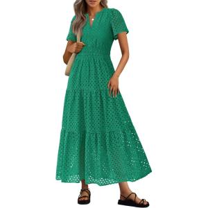image:imagePRETTYGARDEN Womens 2026 Summer Maxi Dress Short Sleeve V Neck Hollow Out Eyelet A Line Long Flowy Beach Vacation DressesDark Green