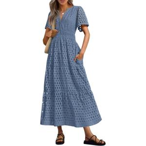 image:imagePRETTYGARDEN Womens 2026 Summer Maxi Dress Short Sleeve V Neck Hollow Out Eyelet A Line Long Flowy Beach Vacation DressesDusty Blue