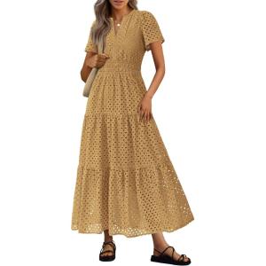 image:imagePRETTYGARDEN Womens 2026 Summer Maxi Dress Short Sleeve V Neck Hollow Out Eyelet A Line Long Flowy Beach Vacation DressesKhaki