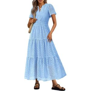image:imagePRETTYGARDEN Womens 2026 Summer Maxi Dress Short Sleeve V Neck Hollow Out Eyelet A Line Long Flowy Beach Vacation DressesLight Blue
