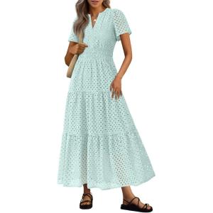 image:imagePRETTYGARDEN Womens 2026 Summer Maxi Dress Short Sleeve V Neck Hollow Out Eyelet A Line Long Flowy Beach Vacation DressesLight Green