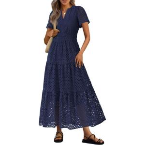 image:imagePRETTYGARDEN Womens 2026 Summer Maxi Dress Short Sleeve V Neck Hollow Out Eyelet A Line Long Flowy Beach Vacation DressesNavy