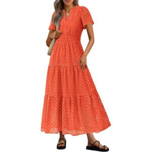 image:imagePRETTYGARDEN Womens 2026 Summer Maxi Dress Short Sleeve V Neck Hollow Out Eyelet A Line Long Flowy Beach Vacation DressesOrange