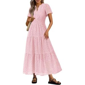 image:imagePRETTYGARDEN Womens 2026 Summer Maxi Dress Short Sleeve V Neck Hollow Out Eyelet A Line Long Flowy Beach Vacation DressesPink