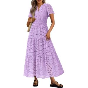 image:imagePRETTYGARDEN Womens 2026 Summer Maxi Dress Short Sleeve V Neck Hollow Out Eyelet A Line Long Flowy Beach Vacation DressesPurple