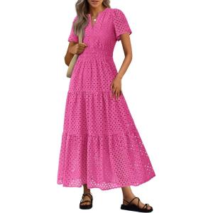 image:imagePRETTYGARDEN Womens 2026 Summer Maxi Dress Short Sleeve V Neck Hollow Out Eyelet A Line Long Flowy Beach Vacation DressesRose Red
