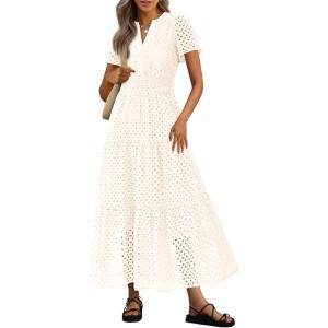 image:imagePRETTYGARDEN Womens 2026 Summer Maxi Dress Short Sleeve V Neck Hollow Out Eyelet A Line Long Flowy Beach Vacation DressesWhite