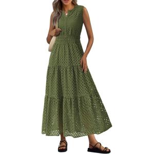 image:imagePRETTYGARDEN Womens 2026 Summer Maxi Dresses Sleeveless Sundresses V Neck Eyelet A Line Long Flowy Spring Wedding Guest DressArmy Green