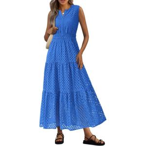 image:imagePRETTYGARDEN Womens 2026 Summer Maxi Dresses Sleeveless Sundresses V Neck Eyelet A Line Long Flowy Spring Wedding Guest DressBlue