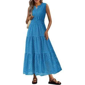 image:imagePRETTYGARDEN Womens 2026 Summer Maxi Dresses Sleeveless Sundresses V Neck Eyelet A Line Long Flowy Spring Wedding Guest DressLake Blue