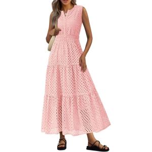 image:imagePRETTYGARDEN Womens 2026 Summer Maxi Dresses Sleeveless Sundresses V Neck Eyelet A Line Long Flowy Spring Wedding Guest DressPink