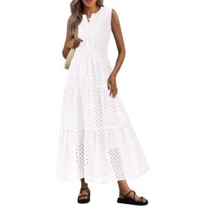 image:imagePRETTYGARDEN Womens 2026 Summer Maxi Dresses Sleeveless Sundresses V Neck Eyelet A Line Long Flowy Spring Wedding Guest DressWhite