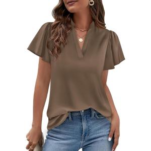 image:imagePRETTYGARDEN Womens 2026 Summer Satin Blouses Dressy Casual Ruffle Cap Sleeve V Neck Business Work Cute Tops Spring OutfitsBrown