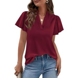 image:imagePRETTYGARDEN Womens 2026 Summer Satin Blouses Dressy Casual Ruffle Cap Sleeve V Neck Business Work Cute Tops Spring OutfitsBurgundy