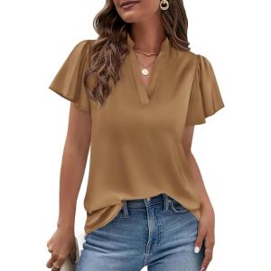 image:imagePRETTYGARDEN Womens 2026 Summer Satin Blouses Dressy Casual Ruffle Cap Sleeve V Neck Business Work Cute Tops Spring OutfitsChampagne