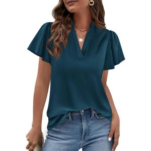image:imagePRETTYGARDEN Womens 2026 Summer Satin Blouses Dressy Casual Ruffle Cap Sleeve V Neck Business Work Cute Tops Spring OutfitsDark Blue