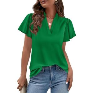 image:imagePRETTYGARDEN Womens 2026 Summer Satin Blouses Dressy Casual Ruffle Cap Sleeve V Neck Business Work Cute Tops Spring OutfitsGreen