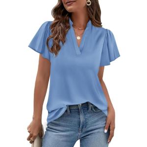 image:imagePRETTYGARDEN Womens 2026 Summer Satin Blouses Dressy Casual Ruffle Cap Sleeve V Neck Business Work Cute Tops Spring OutfitsLight Blue