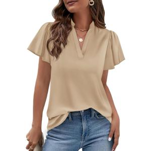 image:imagePRETTYGARDEN Womens 2026 Summer Satin Blouses Dressy Casual Ruffle Cap Sleeve V Neck Business Work Cute Tops Spring OutfitsLight Khaki