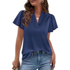 image:imagePRETTYGARDEN Womens 2026 Summer Satin Blouses Dressy Casual Ruffle Cap Sleeve V Neck Business Work Cute Tops Spring OutfitsNavy Blue