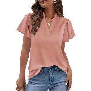 image:imagePRETTYGARDEN Womens 2026 Summer Satin Blouses Dressy Casual Ruffle Cap Sleeve V Neck Business Work Cute Tops Spring OutfitsPink