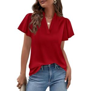 image:imagePRETTYGARDEN Womens 2026 Summer Satin Blouses Dressy Casual Ruffle Cap Sleeve V Neck Business Work Cute Tops Spring OutfitsRed