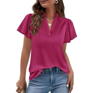 image:imagePRETTYGARDEN Womens 2026 Summer Satin Blouses Dressy Casual Ruffle Cap Sleeve V Neck Business Work Cute Tops Spring OutfitsRose Purple