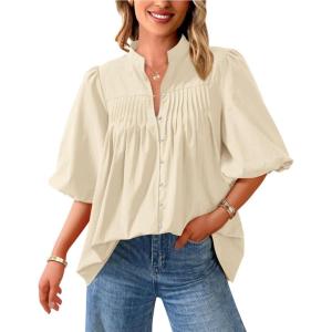 image:imagePRETTYGARDEN Womens 2026 Summer Short Lantern Sleeve Tops Loose Fit Button Down Shirt Pleated V Neck Blouses Trendy ClothesApricot