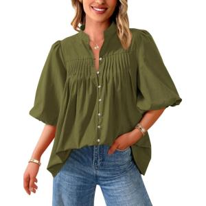 image:imagePRETTYGARDEN Womens 2026 Summer Short Lantern Sleeve Tops Loose Fit Button Down Shirt Pleated V Neck Blouses Trendy ClothesArmy Green