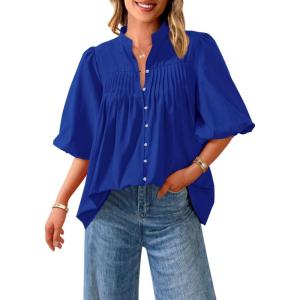 image:imagePRETTYGARDEN Womens 2026 Summer Short Lantern Sleeve Tops Loose Fit Button Down Shirt Pleated V Neck Blouses Trendy ClothesBlue