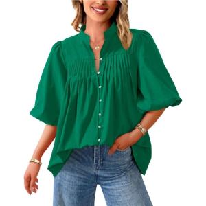 image:imagePRETTYGARDEN Womens 2026 Summer Short Lantern Sleeve Tops Loose Fit Button Down Shirt Pleated V Neck Blouses Trendy ClothesGreen
