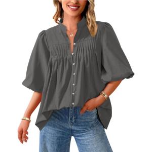 image:imagePRETTYGARDEN Womens 2026 Summer Short Lantern Sleeve Tops Loose Fit Button Down Shirt Pleated V Neck Blouses Trendy ClothesGrey