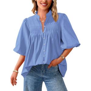 image:imagePRETTYGARDEN Womens 2026 Summer Short Lantern Sleeve Tops Loose Fit Button Down Shirt Pleated V Neck Blouses Trendy ClothesLight Blue