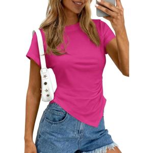 image:imagePRETTYGARDEN Womens Asymmetrical Tops 2026 Spring Summer Going Out Shirts Y2K Short Sleeve Crew Neck Ruched Trendy ClothesRose Red