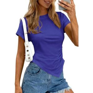 image:imagePRETTYGARDEN Womens Asymmetrical Tops 2026 Spring Summer Going Out Shirts Y2K Short Sleeve Crew Neck Ruched Trendy ClothesRoyal Blue