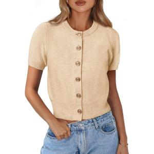 image:imagePRETTYGARDEN Womens Casual Summer Short Sleeve Cardigans 2026 Button Down Knitted Sweater Basic Crew Neck Crop TopsBeige