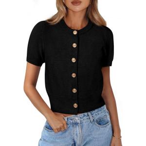 image:imagePRETTYGARDEN Womens Casual Summer Short Sleeve Cardigans 2026 Button Down Knitted Sweater Basic Crew Neck Crop TopsBlack