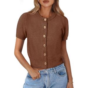 image:imagePRETTYGARDEN Womens Casual Summer Short Sleeve Cardigans 2026 Button Down Knitted Sweater Basic Crew Neck Crop TopsBrown