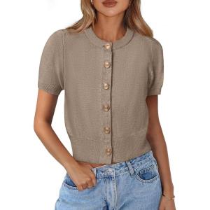 image:imagePRETTYGARDEN Womens Casual Summer Short Sleeve Cardigans 2026 Button Down Knitted Sweater Basic Crew Neck Crop TopsCamel
