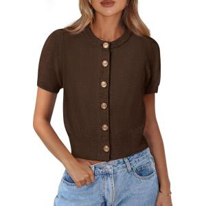 image:imagePRETTYGARDEN Womens Casual Summer Short Sleeve Cardigans 2026 Button Down Knitted Sweater Basic Crew Neck Crop TopsDark Brown