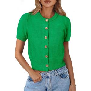 image:imagePRETTYGARDEN Womens Casual Summer Short Sleeve Cardigans 2026 Button Down Knitted Sweater Basic Crew Neck Crop TopsGreen