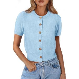 image:imagePRETTYGARDEN Womens Casual Summer Short Sleeve Cardigans 2026 Button Down Knitted Sweater Basic Crew Neck Crop TopsLight Blue